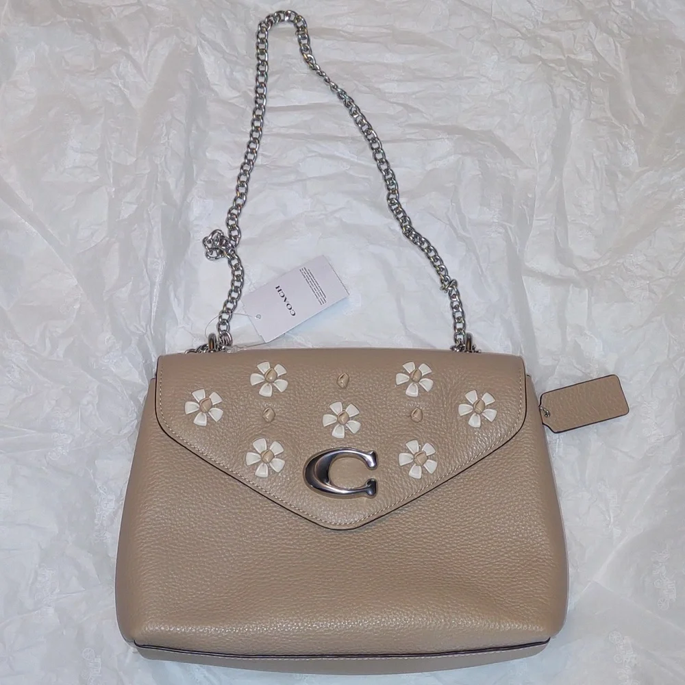 COACH Tammie Shoulder Bag with Floral Whipstitch in Taupe/Silver - Picture 9 of 14